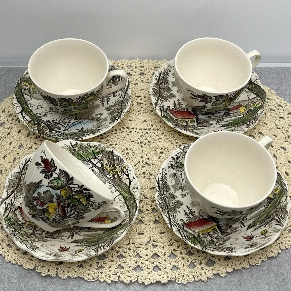 Vintage 1955 J & G Meakin Welcome Home Cups & Saucers Hand Painted Discontinued‎